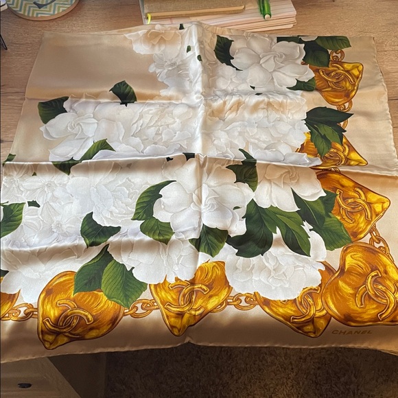 Chanel Gold and Green Floral Silk Scarf - Picture 2 of 13